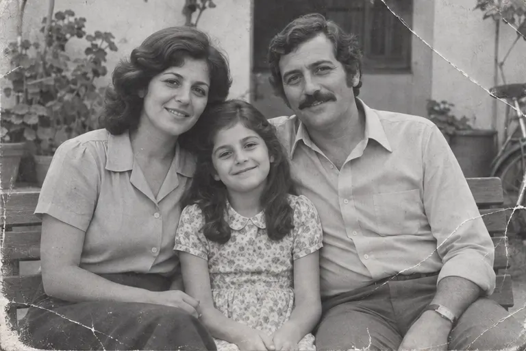 Foto familiar ficticia con desgaste ilustrativo
